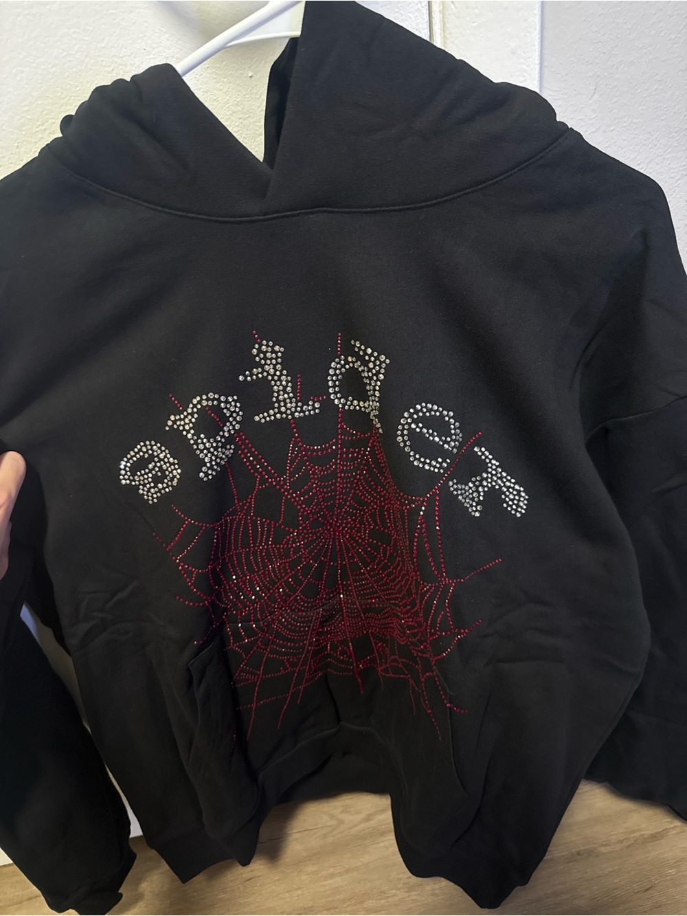 Black Hoodie with Red Rhinestone Spiderweb and Silver Crystal Lettering